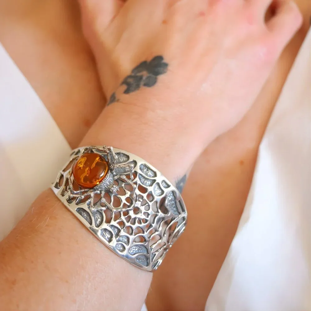 Baltic Amber Cuff Bracelet- Sterling Silver Spiderweb Design
